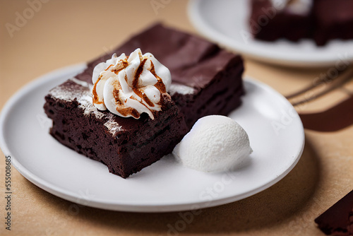 delicious tasty brownie with whipped cream, generative AI