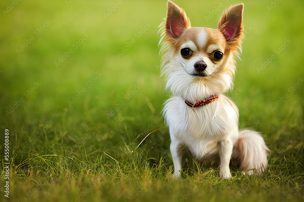 little chihuahua dog lies on the green grass, generative AI
