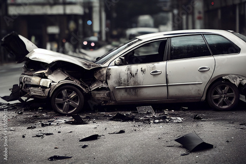 damaged car by a serious car accident, generative AI © Paulina