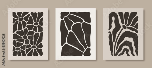 Abstract Naive Floral Groovy Posters Set. Modern Botanical Prints in Contemporary Minimalist Style. Vector Illustrations