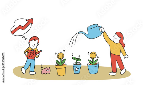 分散投資のイメージイラスト　お金の鉢に水やりをする人々