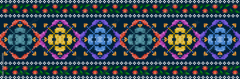 Ikat pixel paisley ethnic seamless pattern decoration design. Aztec fabric carpet boho mandalas textile wallpaper. Tribal native motif ornaments African American folk traditional embroidery vector Ikat pixel paisley ethnic seamless pattern decoration design. Aztec fabric carpet boho mandalas textile wallpaper. Tribal native motif ornaments African American folk traditional embroidery vector