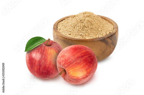 Apple pectin fiber powder in wooden bowl and red apple isolated on white background.
