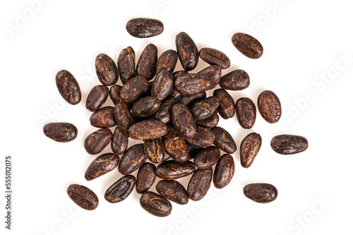 Top view of Cocoa beans seed isolated on white background.