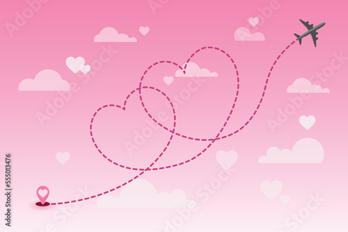 Vector love airplane route. Air plane flight route with start point and dash line trace. Romantic travel, heart dashed path isolated on transparent background. photo