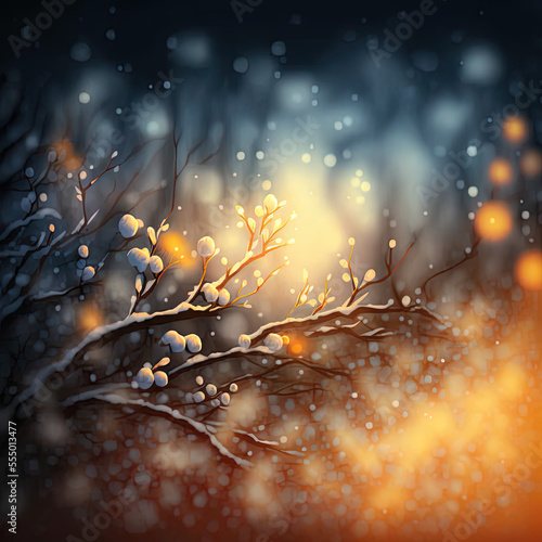 Winter Night in Warm Light featuring Snow, Branches, and Tree Silhouette by Generative AI Illustrations