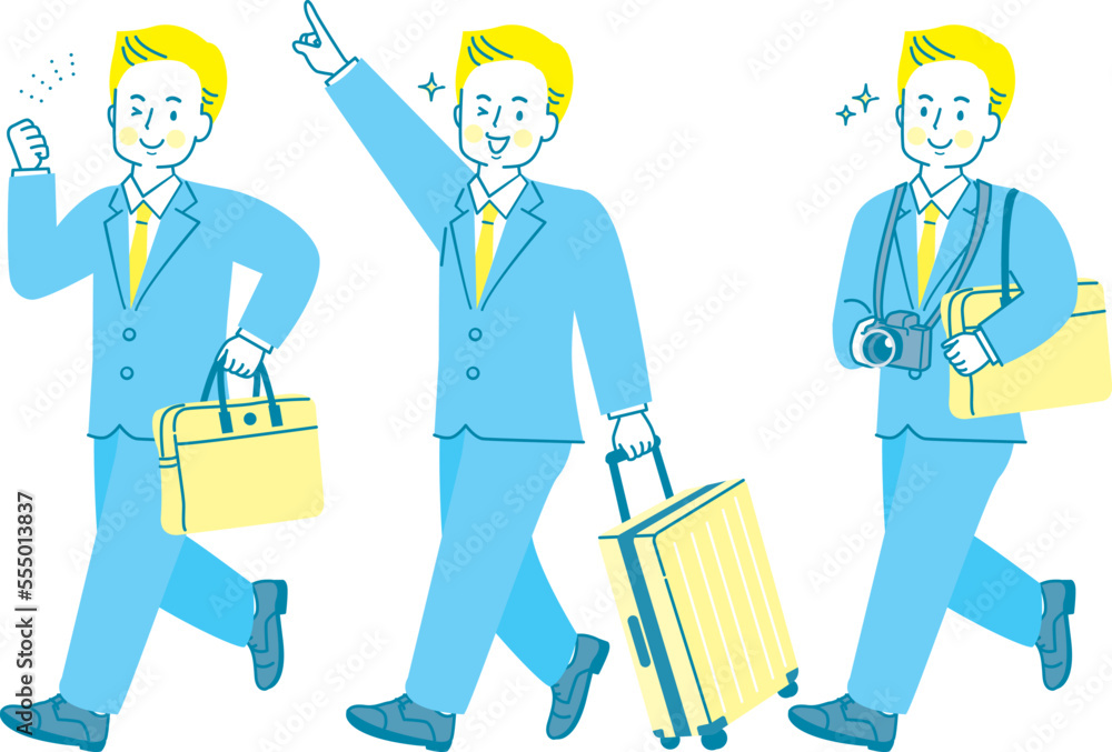 出張するスーツを着た男性のイラストセット 出張するスーツを着た男性のイラストセット