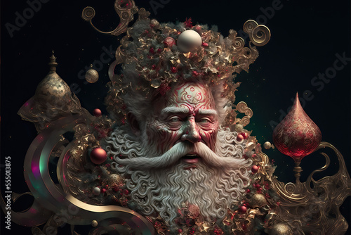 portrait of Santa Clause with golden gifts and christmas elements