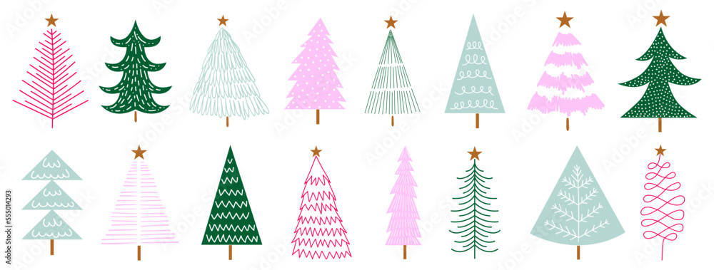 Set Christmas trees hand draw vector. Beautiful and coloured trees, decorative set for greeting cards. Vector Illustration handmade. Set Christmas trees hand draw vector. Beautiful and coloured trees, decorative set for greeting cards. Vector Illustration handmade.
