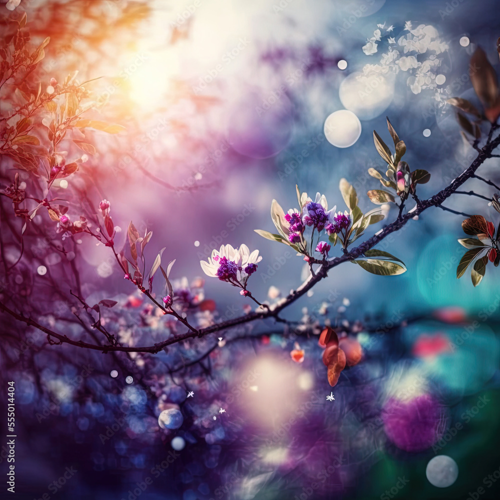 Blossom Spring Bokeh in Purple and Blue Background featuring Violet Flowers and Branches by Generative AI Illustrations Blossom Spring Bokeh in Purple and Blue Background featuring Violet Flowers and Branches by Generative AI Illustrations