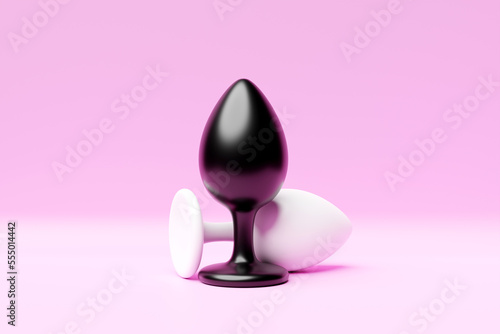  Black and white butt anal plugs sex toys on pink isolated background. 3D illustration. Empty space for your text