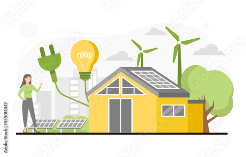 Modern eco house and windmill, solar energy panels. Smart home and save energy sustainable concept. Vector Illustration
