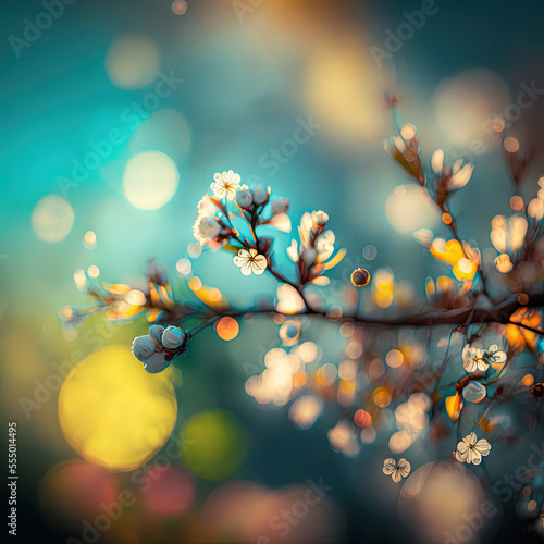 Blossom Spring Bokeh in Turquoise Blue Background featuring White Flowers and Branches from the Right Side by Generative AI Illustrations