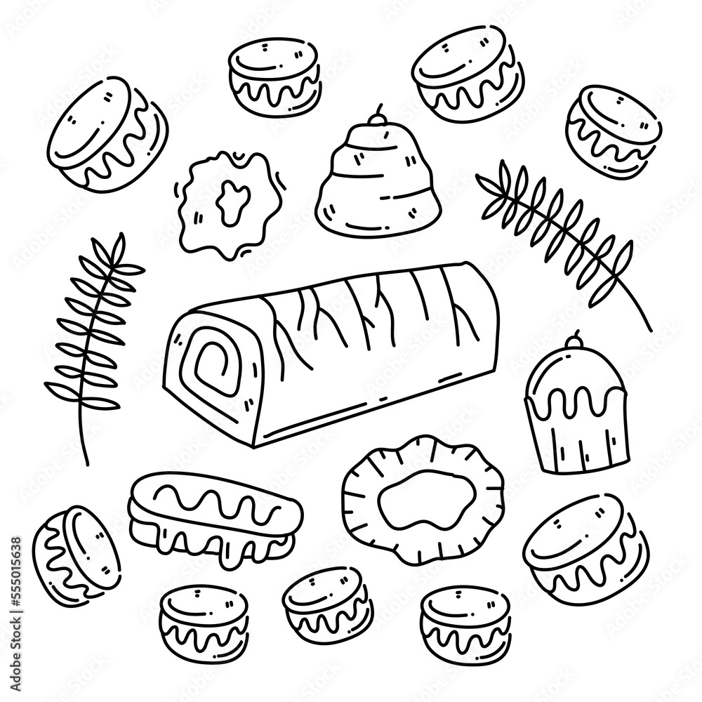 Vector bakery bread and cake doodle art set bundle for food and drink resources with line style