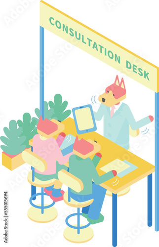 カウンターで保険商品の説明を聞く夫婦のアイソメイラスト