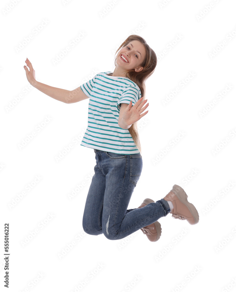 Teenage girl in casual clothes jumping on white background Teenage girl in casual clothes jumping on white background