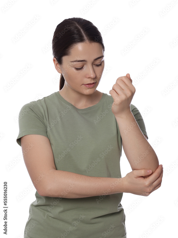 Woman suffering from pain in elbow on white background. Arthritis symptom Woman suffering from pain in elbow on white background. Arthritis symptom