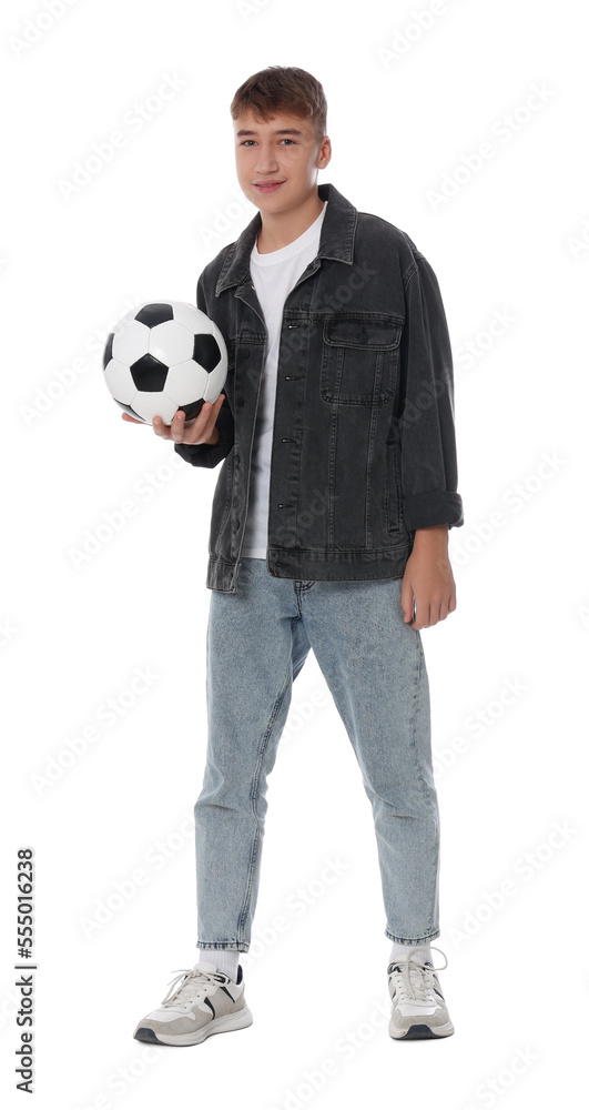Fototapeta premium Teenage boy with soccer ball on white background