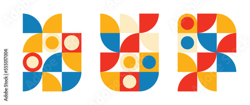 Set of geometric pattern element in mid-century style. Retro abstract collection of colorful red, yellow, blue circle and square shapes. Modern design for cover, business card, poster, wall art.