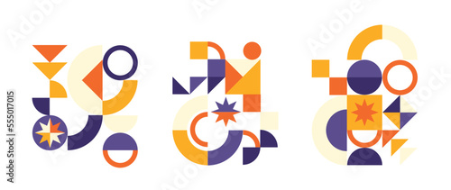 Set of geometric pattern element in mid-century style. Retro abstract collection of colorful circle, curve, star and triangle shapes. Modern trendy design for cover, business card, poster, wall art.
