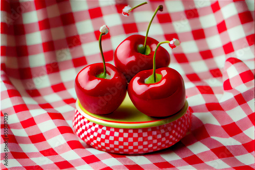 Fresh cherries on a red and...