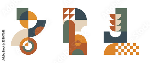 Set of geometric pattern element in mid-century style. Retro abstract collection of colorful circle, curve, arch, square grid shapes. Modern trendy design for cover, business card, poster, wall art.