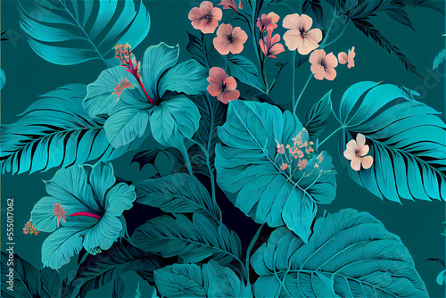 lush vegetation and hibiscus flower patter ideal for tropical and exotic backgrounds in turquoise hues