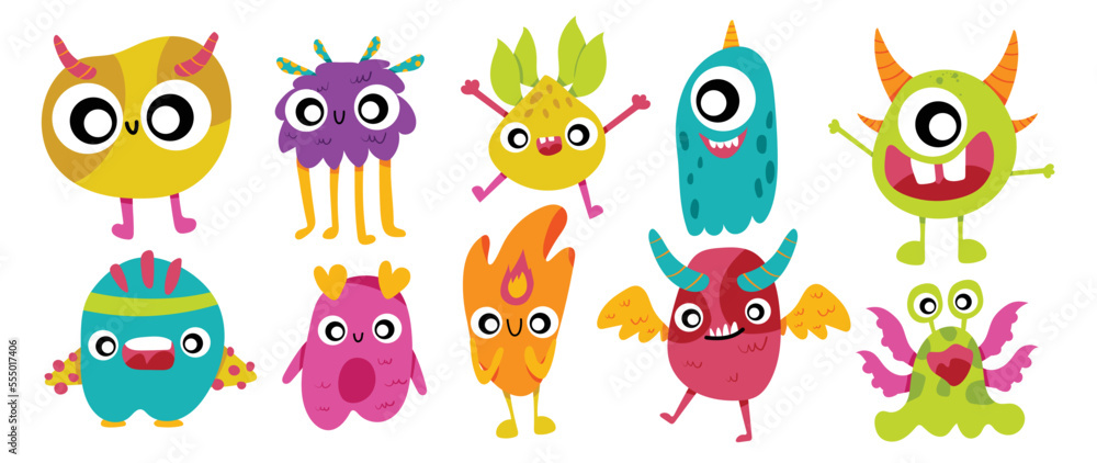 Cute and Kawaii monster kids icon set. Collection of cute cartoon monster in different playful characters. Funny devil, alien, demon and creature flat vector design for comic, education, presentation. - obrazy, fototapety, plakaty 