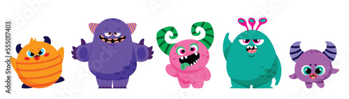 Cute and Kawaii monster kids icon set. Collection of cute cartoon monster in different playful characters. Funny devil, alien, demon and creature flat vector design for comic, education, presentation.