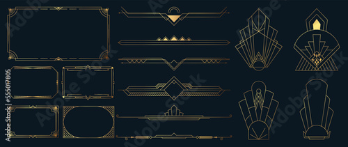 Collection of geometric art deco ornament. Luxury golden decorative elements with different lines, frames, headers, dividers and borders. Set of elegant design suitable for card, invitation, poster.