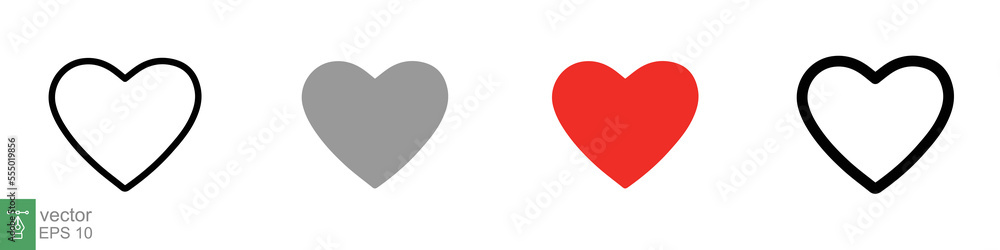 Heart icon set. Love symbol in flat, solid, outline style. Black, red love heart shape collection, romantic concept. Vector illustration design isolated on white background. EPS 10.