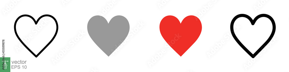 Heart icon set. Love symbol in flat, solid, outline style. Black, red love heart shape collection, romantic concept. Vector illustration design isolated on white background. EPS 10.