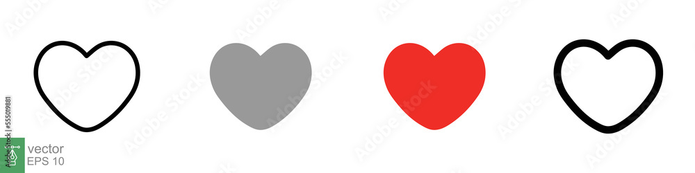 Heart icon set. Love symbol in flat, solid, outline style. Black, red love heart shape collection, romantic concept. Vector illustration design isolated on white background. EPS 10.