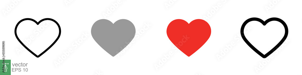 Heart icon set. Love symbol in flat, solid, outline style. Black, red love heart shape collection, romantic concept. Vector illustration design isolated on white background. EPS 10. Heart icon set. Love symbol in flat, solid, outline style. Black, red love heart shape collection, romantic concept. Vector illustration design isolated on white background. EPS 10.
