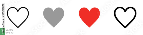 Heart icon set. Love symbol in flat, solid, outline style. Black, red love heart shape collection, romantic concept. Vector illustration design isolated on white background. EPS 10.