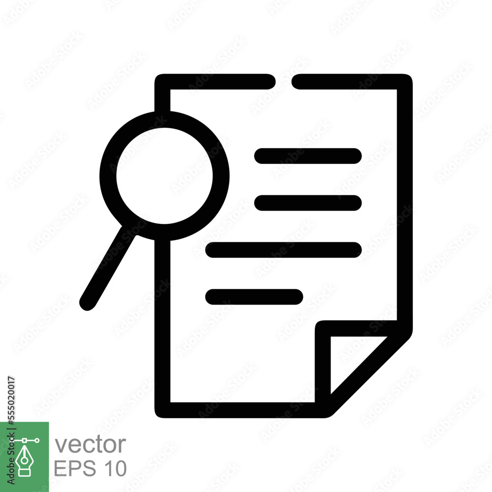 Case study icon. Simple outline style. Magnifying document, research, report, paper with find glass, search concept. Line vector illustration isolated on white background. EPS 10. Case study icon. Simple outline style. Magnifying document, research, report, paper with find glass, search concept. Line vector illustration isolated on white background. EPS 10.