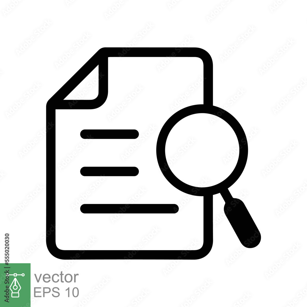 Case study icon. Simple outline style. Magnifying document, research, report, paper with find glass, search concept. Line vector illustration isolated on white background. EPS 10. Case study icon. Simple outline style. Magnifying document, research, report, paper with find glass, search concept. Line vector illustration isolated on white background. EPS 10.