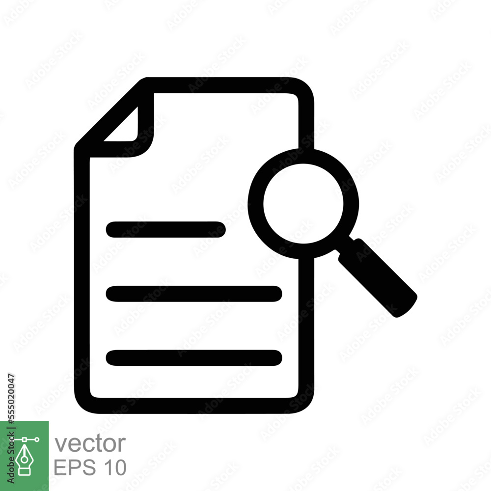 Case study icon. Simple outline style. Magnifying document, research, report, paper with find glass, search concept. Line vector illustration isolated on white background. EPS 10. Case study icon. Simple outline style. Magnifying document, research, report, paper with find glass, search concept. Line vector illustration isolated on white background. EPS 10.