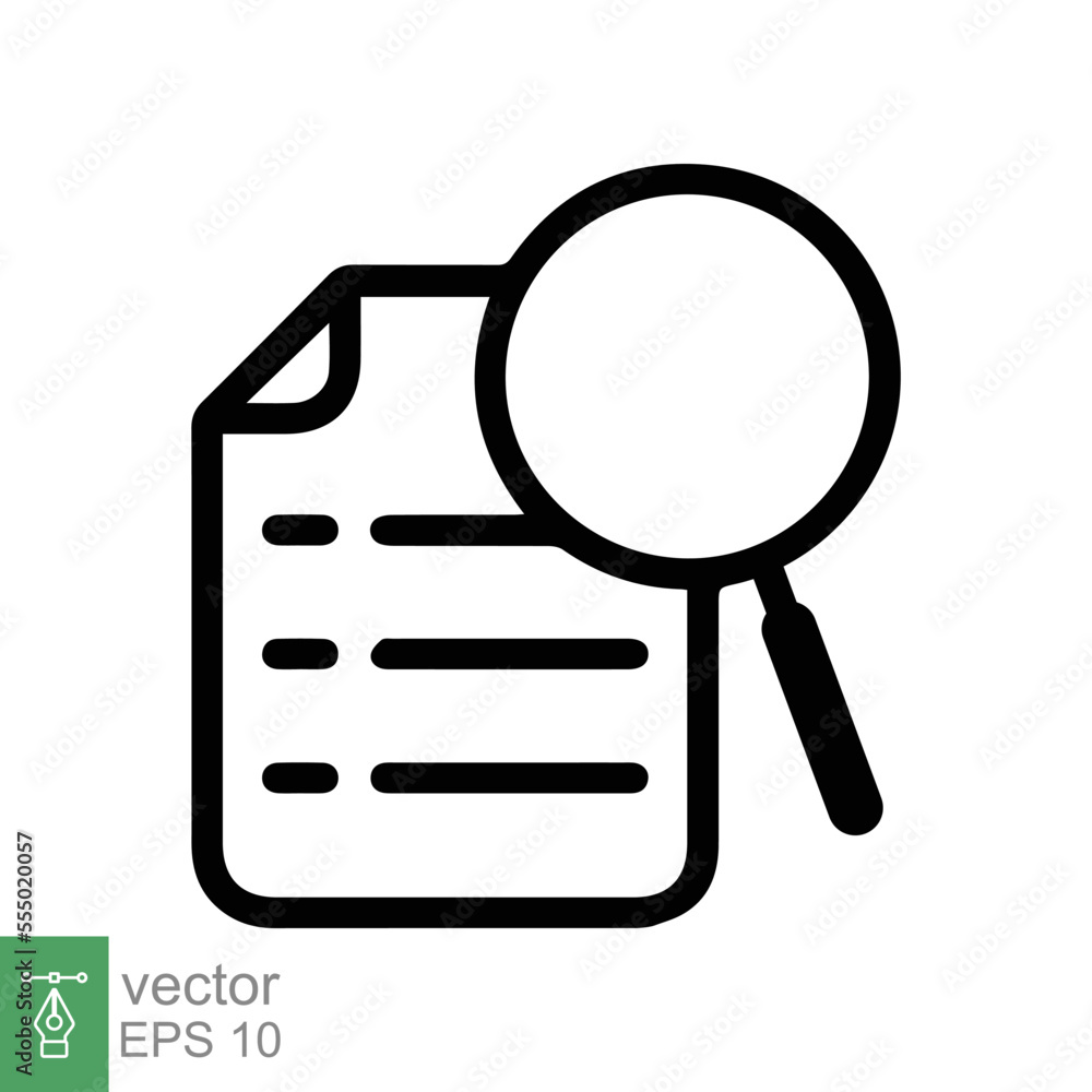 Case study icon. Simple outline style. Magnifying document, research, report, paper with find glass, search concept. Line vector illustration isolated on white background. EPS 10. Case study icon. Simple outline style. Magnifying document, research, report, paper with find glass, search concept. Line vector illustration isolated on white background. EPS 10.