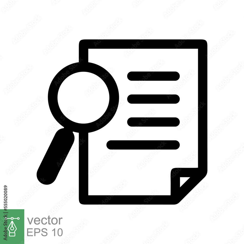 Case study icon. Simple outline style. Magnifying document, research, report, paper with find glass, search concept. Line vector illustration isolated on white background. EPS 10. Case study icon. Simple outline style. Magnifying document, research, report, paper with find glass, search concept. Line vector illustration isolated on white background. EPS 10.