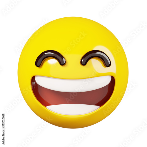 Smile emoji with closed eyes and open mouth. Yellow face smiling emoji. Popular chat elements. Trending emoticon. 3D Render Illustration