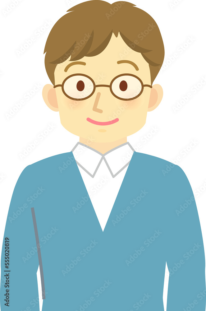 イラスト素材：ニッコリ笑う眼鏡をかけた若い男性の上半身（透過背景）
