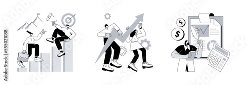 Consulting company abstract concept vector illustration set. Business coaching, crisis management, audit service, goal achievement, mentoring, risk management, accounting firm abstract metaphor.