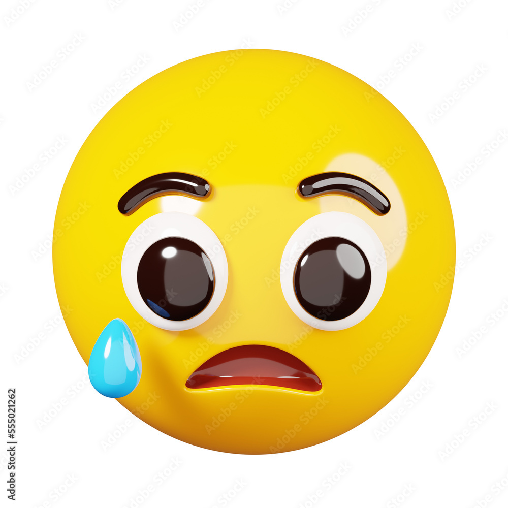 Sad emoji with tear. Yellow face crying emoji. Popular chat elements. Trending emoticon. 3D Render Illustration