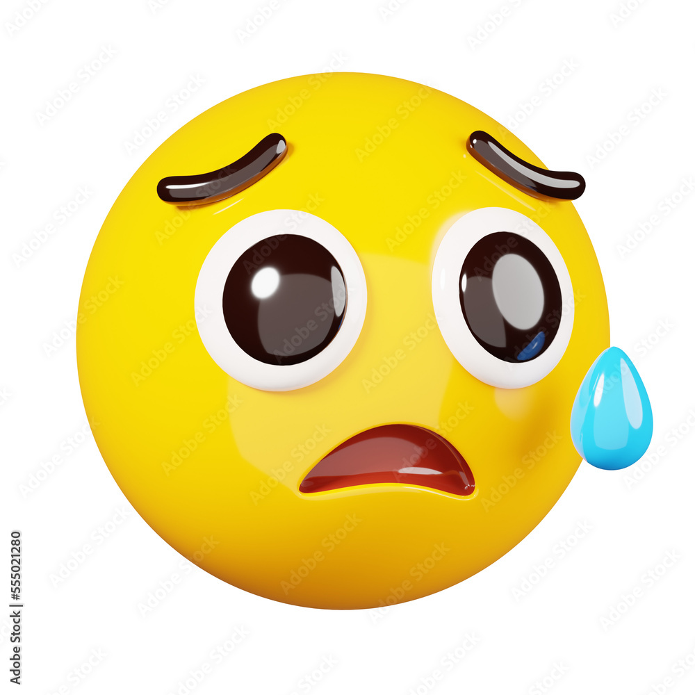 Fototapeta premium Sad emoji with tear. Yellow face crying emoji. Popular chat elements. Trending emoticon. 3D Render Illustration