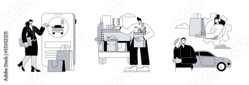 Curbside pickup abstract concept vector illustration set. Place your curbside pickup order online, get supplies without leaving car, call for load products, contactless payment abstract metaphor.
