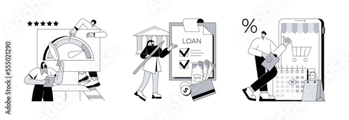 Bank service abstract concept vector illustration set. Credit rating, loan disbursement, deferment of payment, risk evaluation, student loan, payment terms, financial hardship abstract metaphor. photo