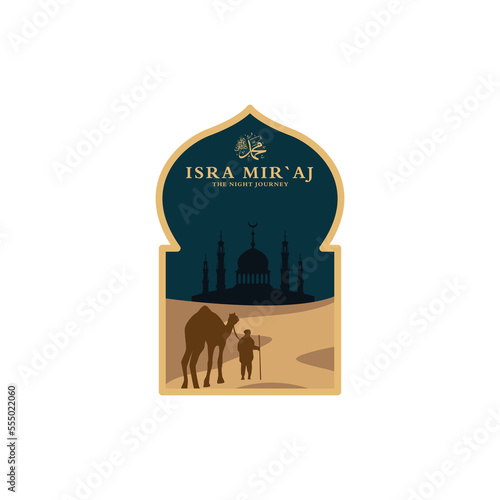 isra miraj greeting card with desert and camel mosque islamic logo vector illustration design