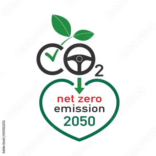 CO2 typographic design with steering wheel and green leaf check icon as a gimmick of aim at net zero CO2 emission by 2050. Vector illustration outline flat design style.