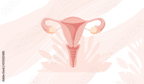 Banner with uterus, template with copy space about women s health, menstruation or conception. Vector template with place for text, flat design.